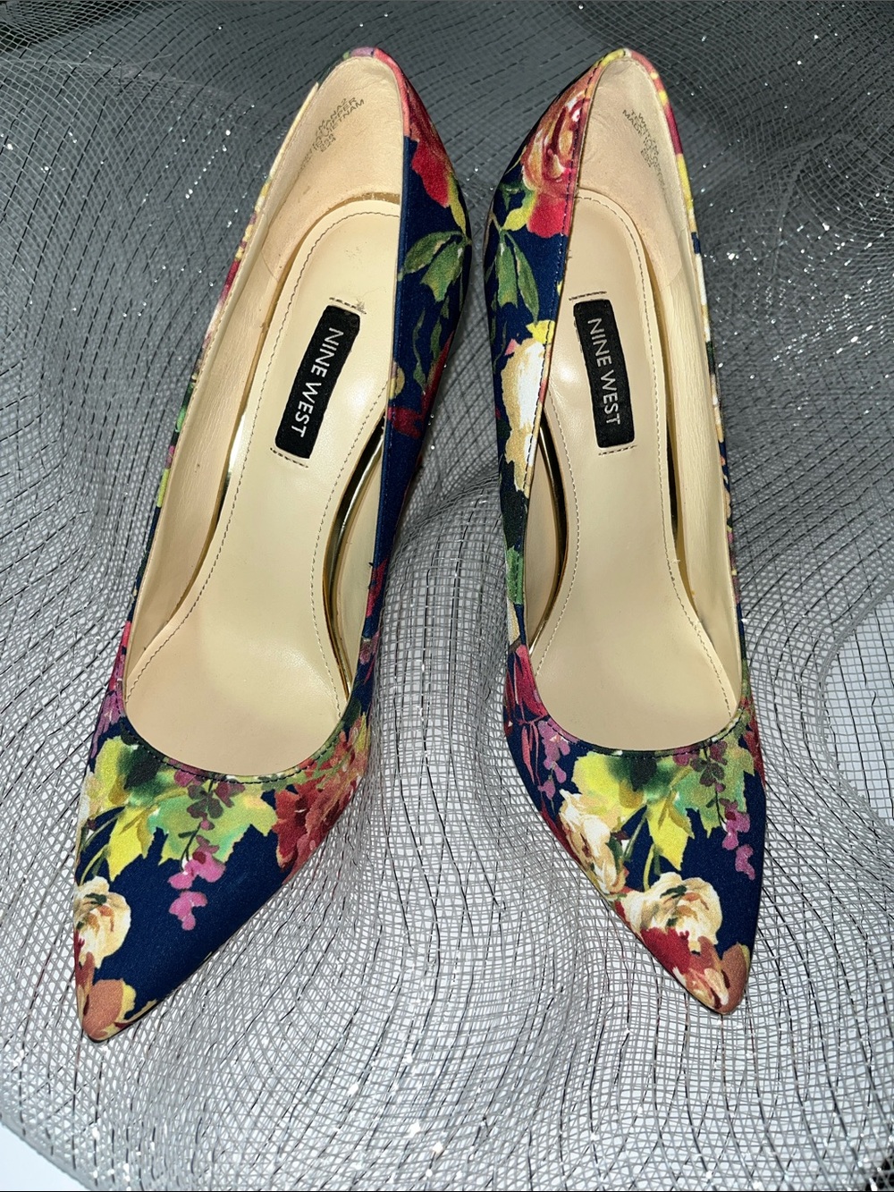 Nine West Navy Floral Pointed Pumps with Multicolor Blooms